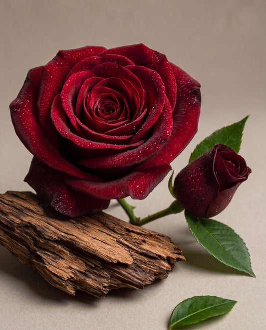 Notas de Rose Velvet & Oud: uma rosa vermelha aveludada e um botão sobre madeira de oud