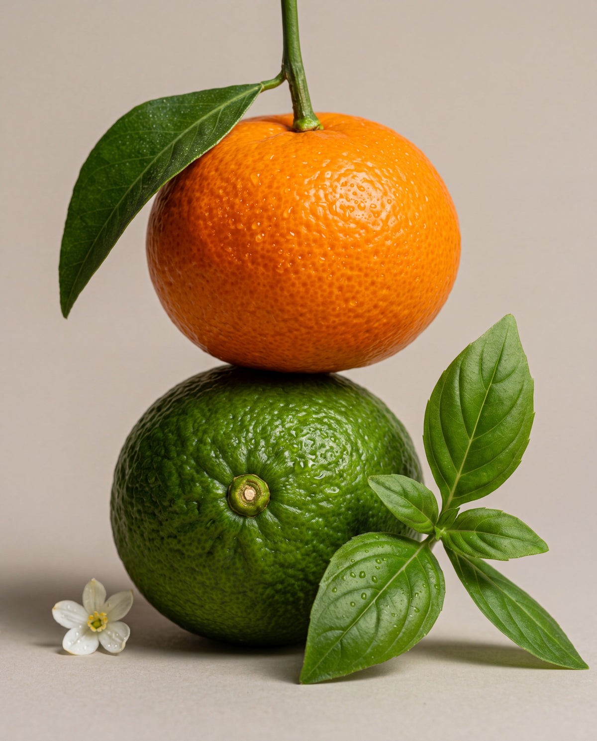 Notas de Basil Lime & Mandarin: uma mandarina equilibrada sobre uma lima, com manjericão