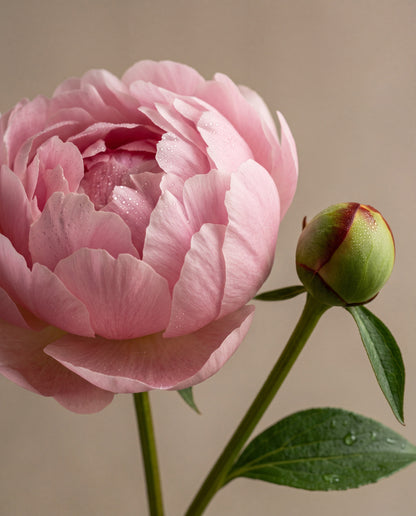 Notas de Blush Peony & Suede: uma peônia rosa-clara em flor com um botão