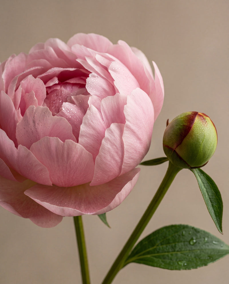 Notas de Blush Peony & Suede: uma peônia rosa-clara em flor com um botão