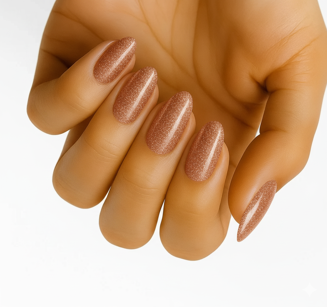 Copper Glitter (adesivos de unha sem UV): close de unhas amendoadas com glitter cobre quente