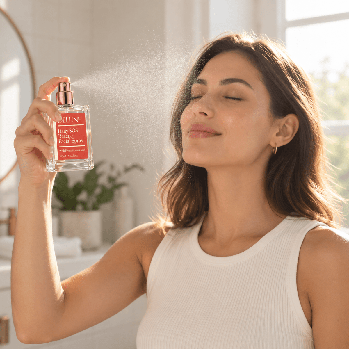 Mulher borrifando o Delune Daily SOS Rescue Hypochlorous Acid Facial Spray
