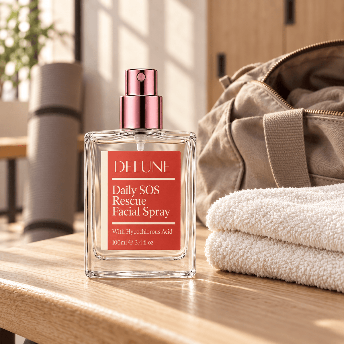 Delune Daily SOS Rescue Facial Spray em uma prateleira de banheiro iluminada pelo sol