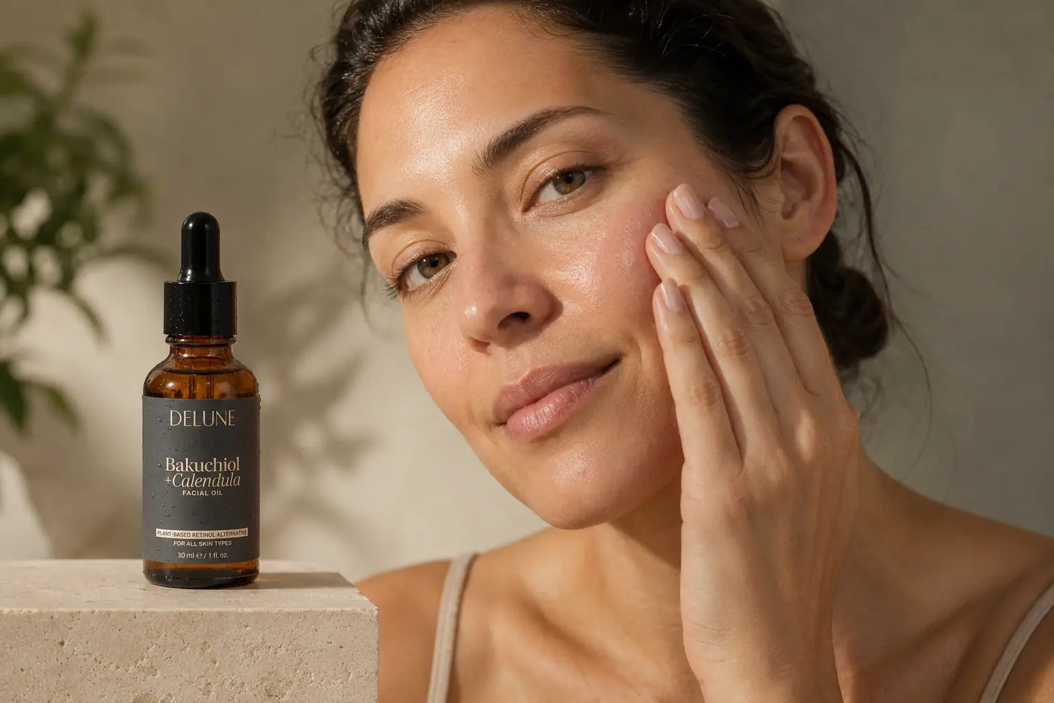 Mulher pressionando óleo facial na pele ao lado do Óleo Facial de Bakuchiol e Calêndula da Delune