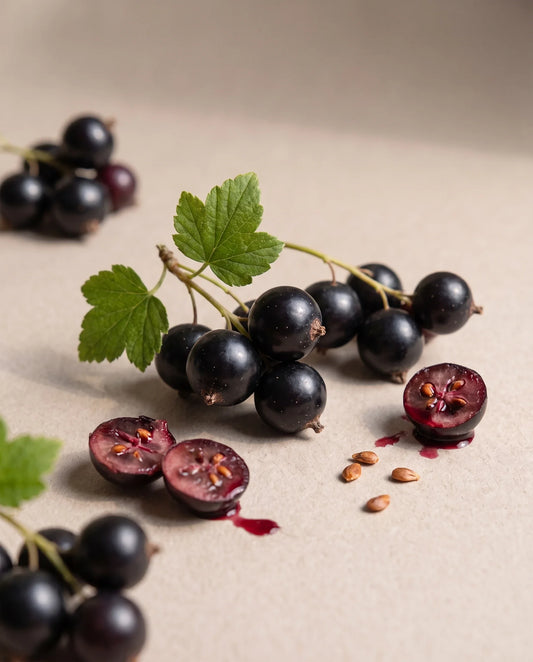 Delune Blackcurrant Seed Oil botanical still life of fresh blackcurrants