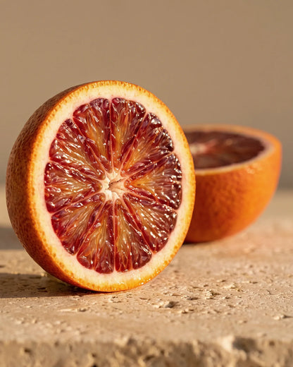 Uma laranja-sanguínea cortada ao meio, de polpa rubi intensa, sobre travertino quente — o aroma cítrico e doce, com nota de frutas vermelhas do Óleo essencial puro de laranja-sanguínea Delune