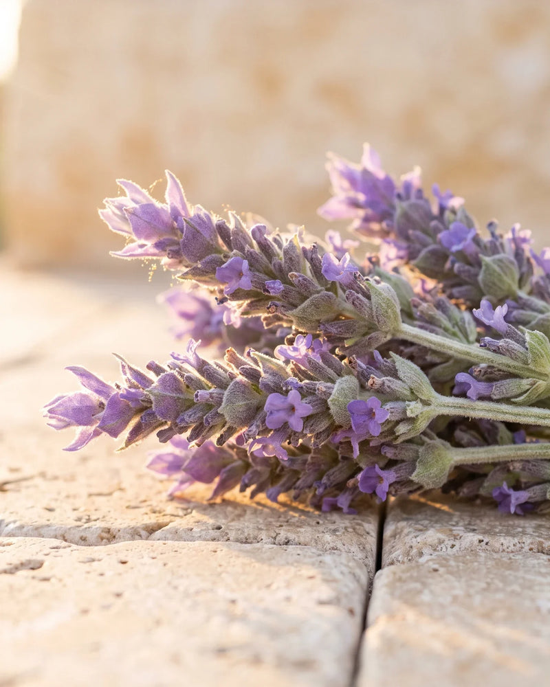 Lavanda recém-colhida em flor sobre travertino quente, sob a luz dourada do fim de tarde — o aroma floral e calmante do Óleo essencial puro de lavanda búlgara Delune