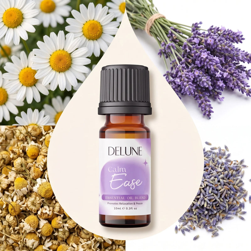 Blend de óleos essenciais Calm Ease Delune cercado pelos ingredientes: camomila e lavanda frescas e secas