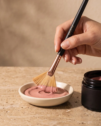 Mão pegando pasta de argila rosa com o pincel leque Delune em um pote de cerâmica