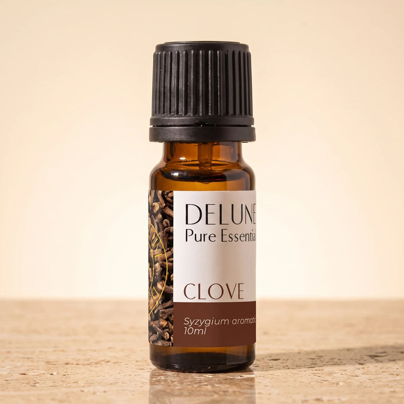 Óleo essencial puro de cravo-da-índia Delune, frasco âmbar de 10 ml sobre travertino quente