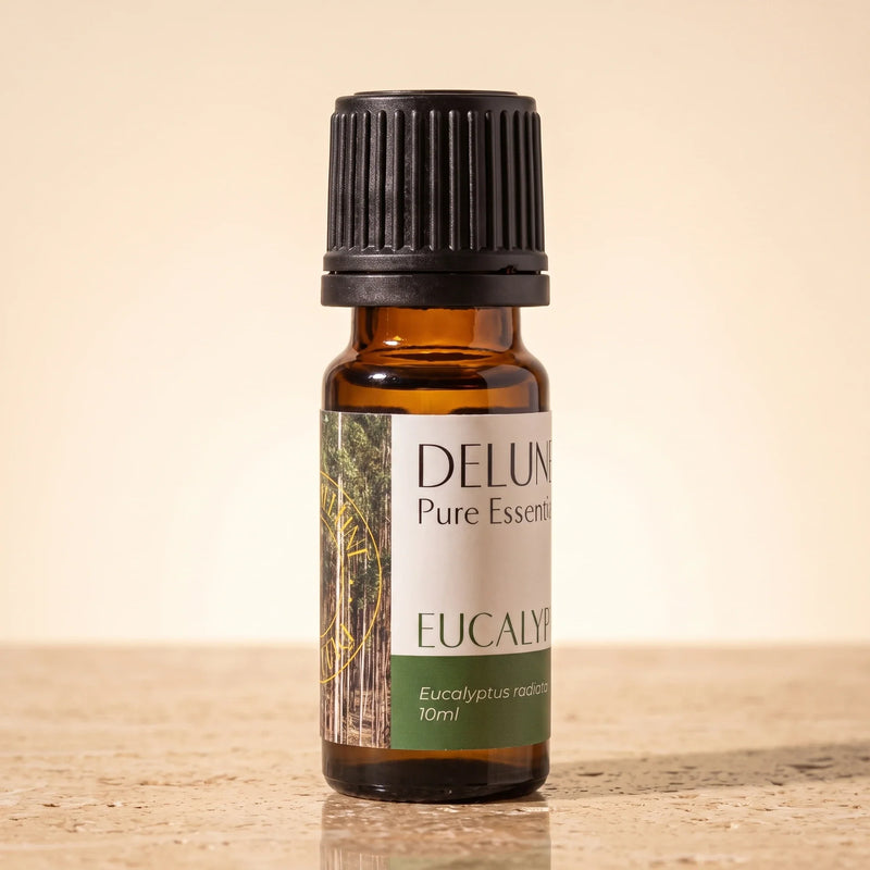 Óleo essencial puro de eucalipto radiata Delune, frasco âmbar de 10 ml sobre travertino quente