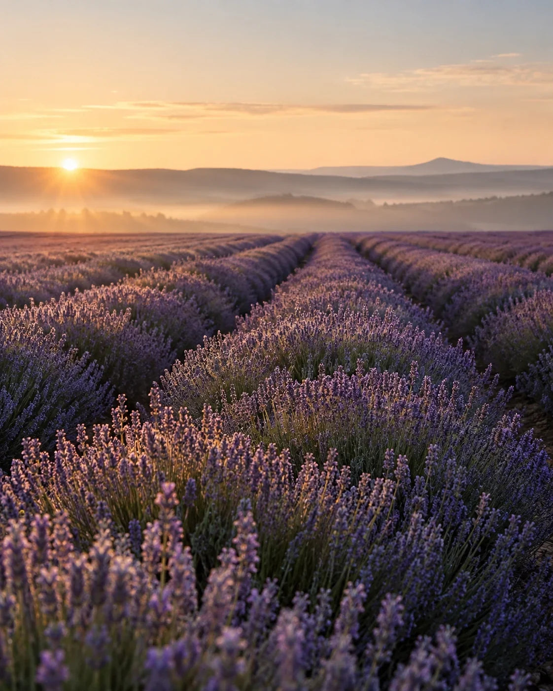 Campo de lavanda ao nascer do sol, onde começam os óleos essenciais orgânicos Delune