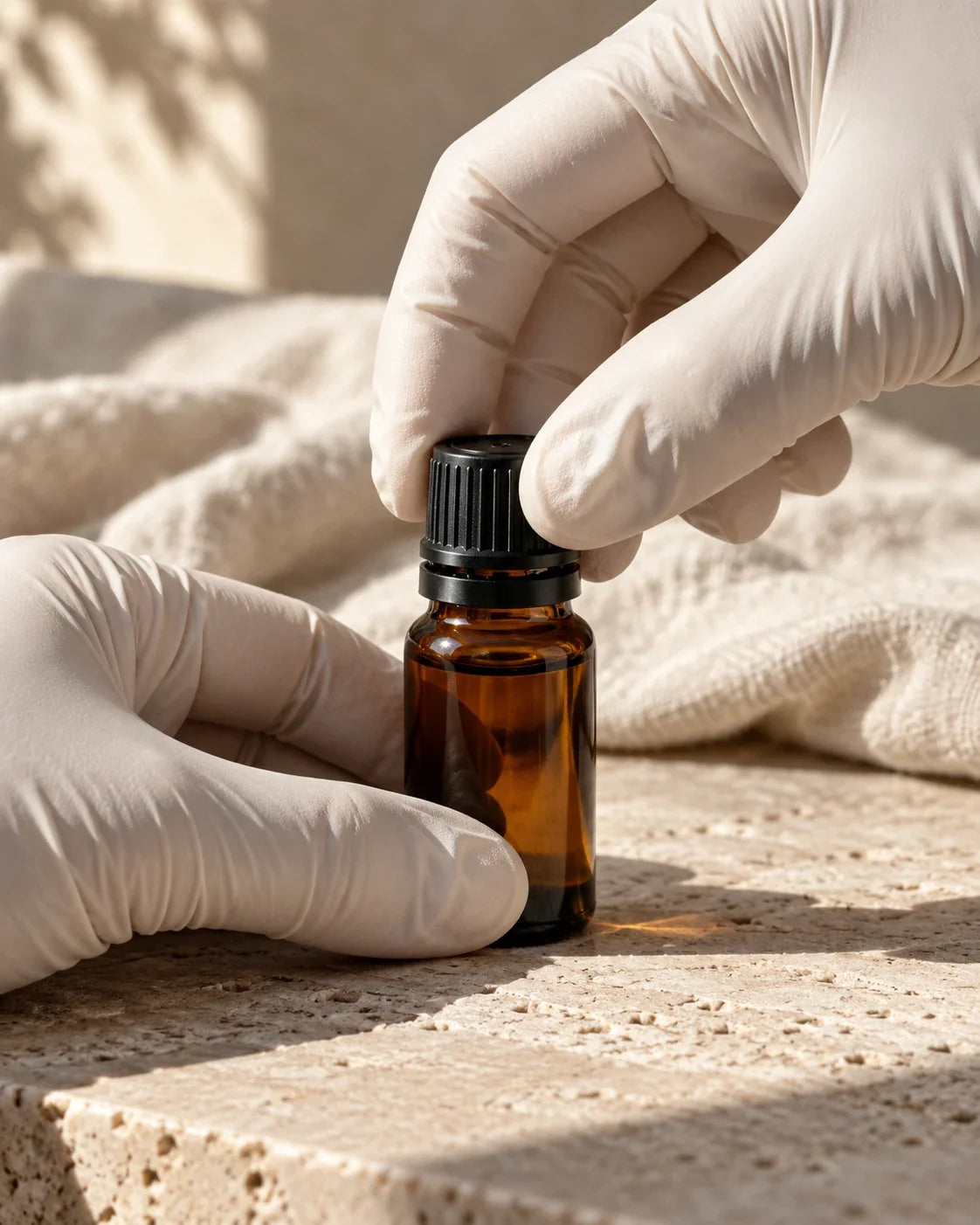 Mãos com luvas lacrando um frasco de óleo essencial orgânico Delune