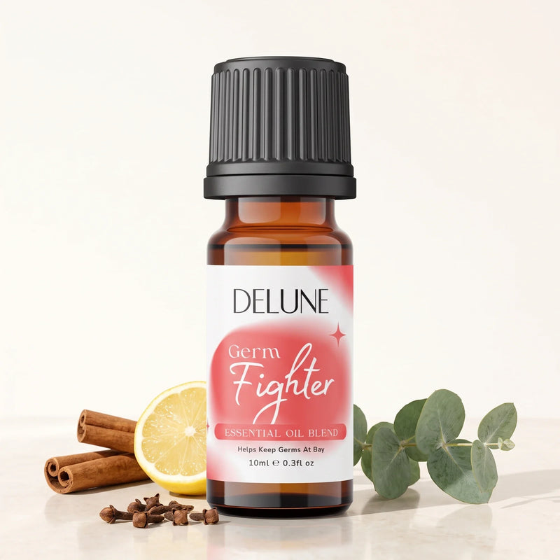 Blend de óleos essenciais Germ Fighter Delune, frasco âmbar de 10 ml com canela em pau, limão, cravo e eucalipto