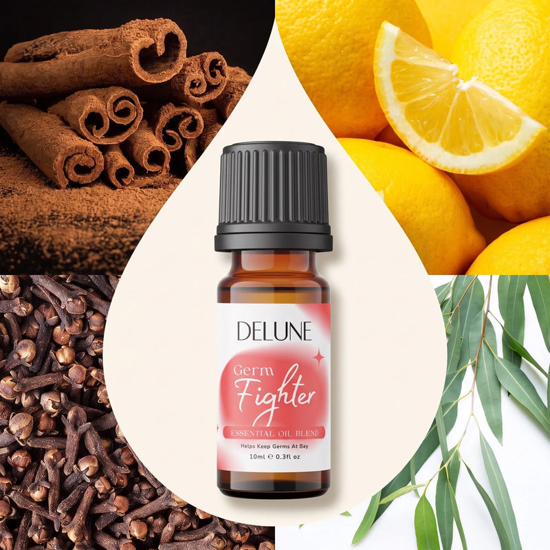 Blend de óleos essenciais Germ Fighter Delune cercado pelos ingredientes: canela, limão, cravo e eucalipto