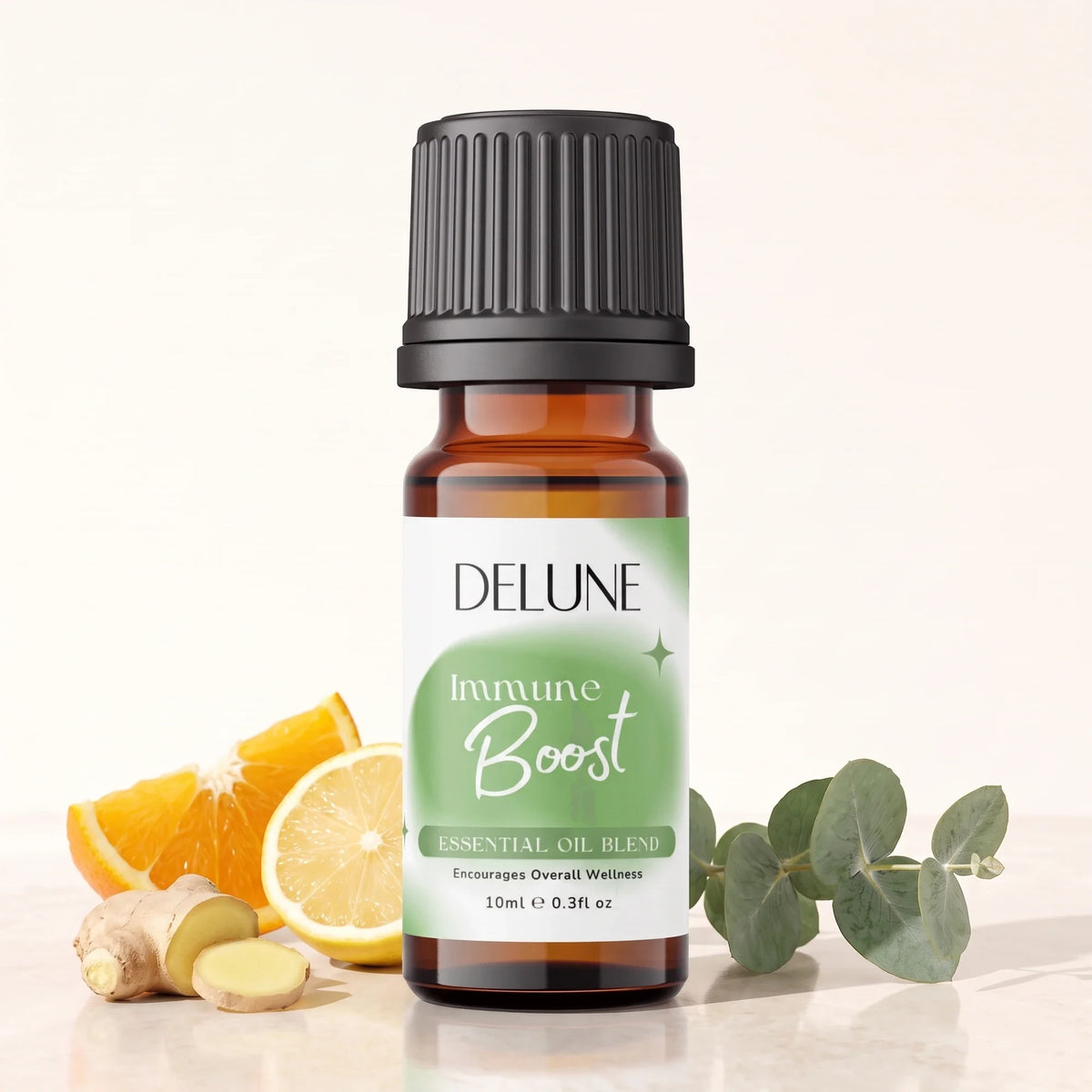 Blend de óleos essenciais Immune Boost Delune, frasco âmbar de 10 ml com laranja, limão, gengibre e eucalipto frescos