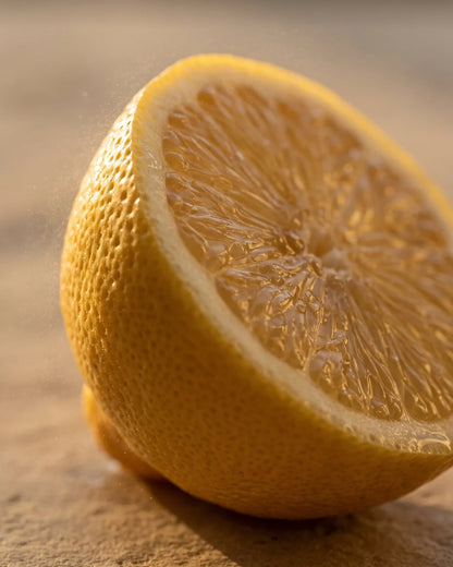 Close de um limão recém-cortado ao meio, a polpa suculenta brilhando sob o sol baixo e quente sobre travertino claro — o aroma fresco e luminoso do Óleo essencial puro de limão-siciliano Delune