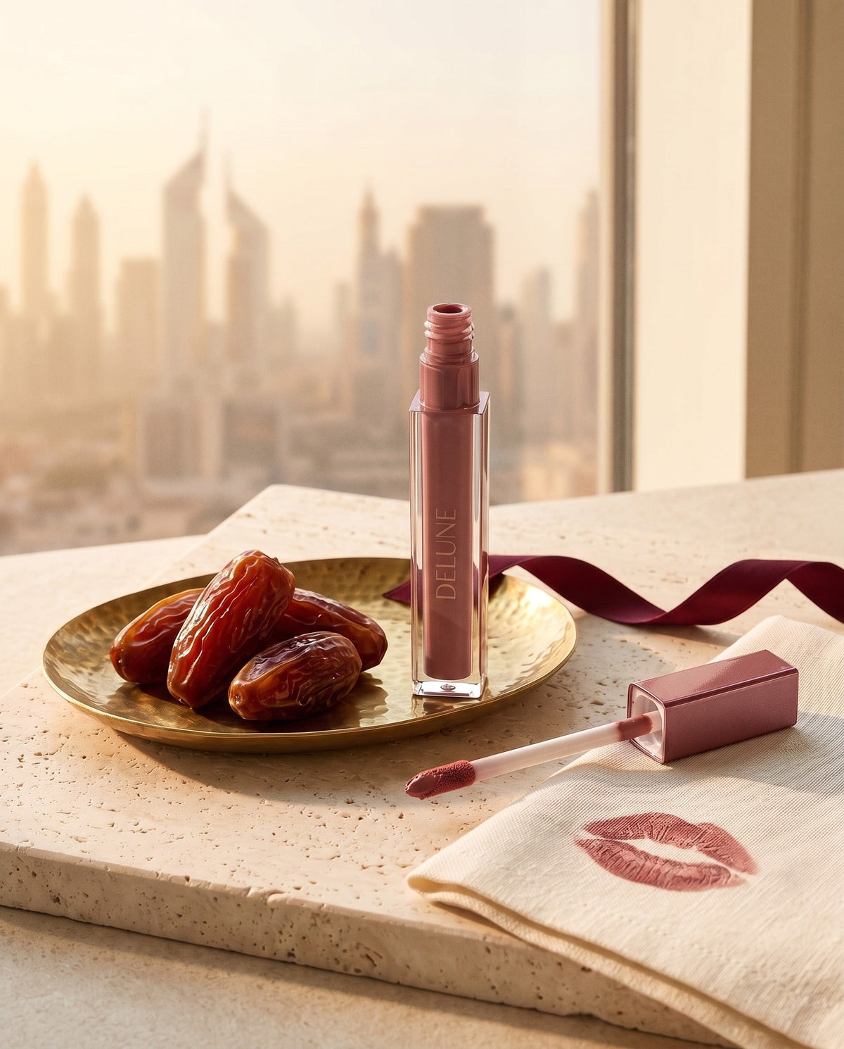 Batom LuxMatte Delune no tom Date in Dubai com tâmaras Medjool e o horizonte de Dubai