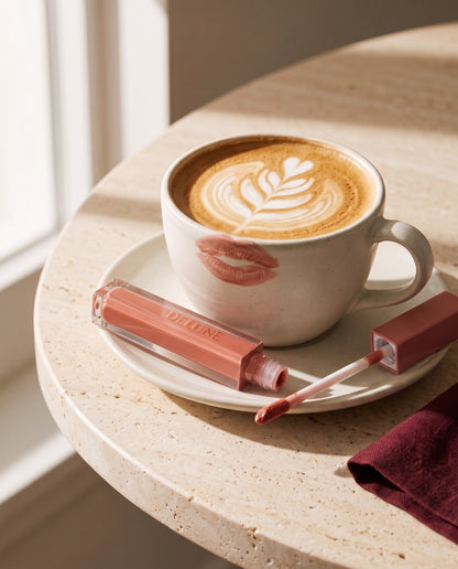 Batom LuxMatte Delune no tom Rose Latte com um café com leite e a marca de um beijo rosado