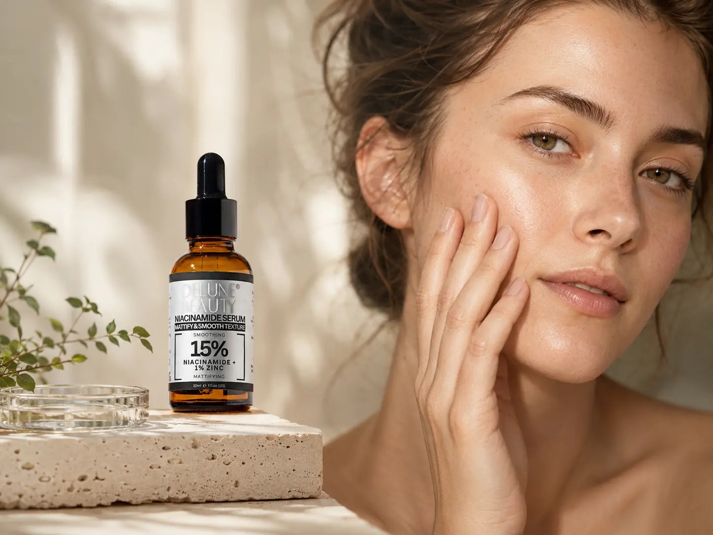 Delune 15% Niacinamide and 1% Zinc Serum beside an adult woman pressing her cheek