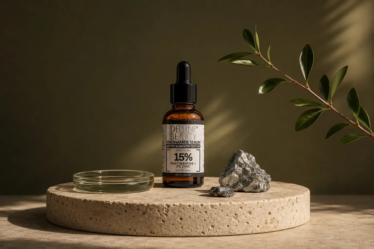 Delune 15% Niacinamide and 1% Zinc Serum on travertine with a zinc mineral