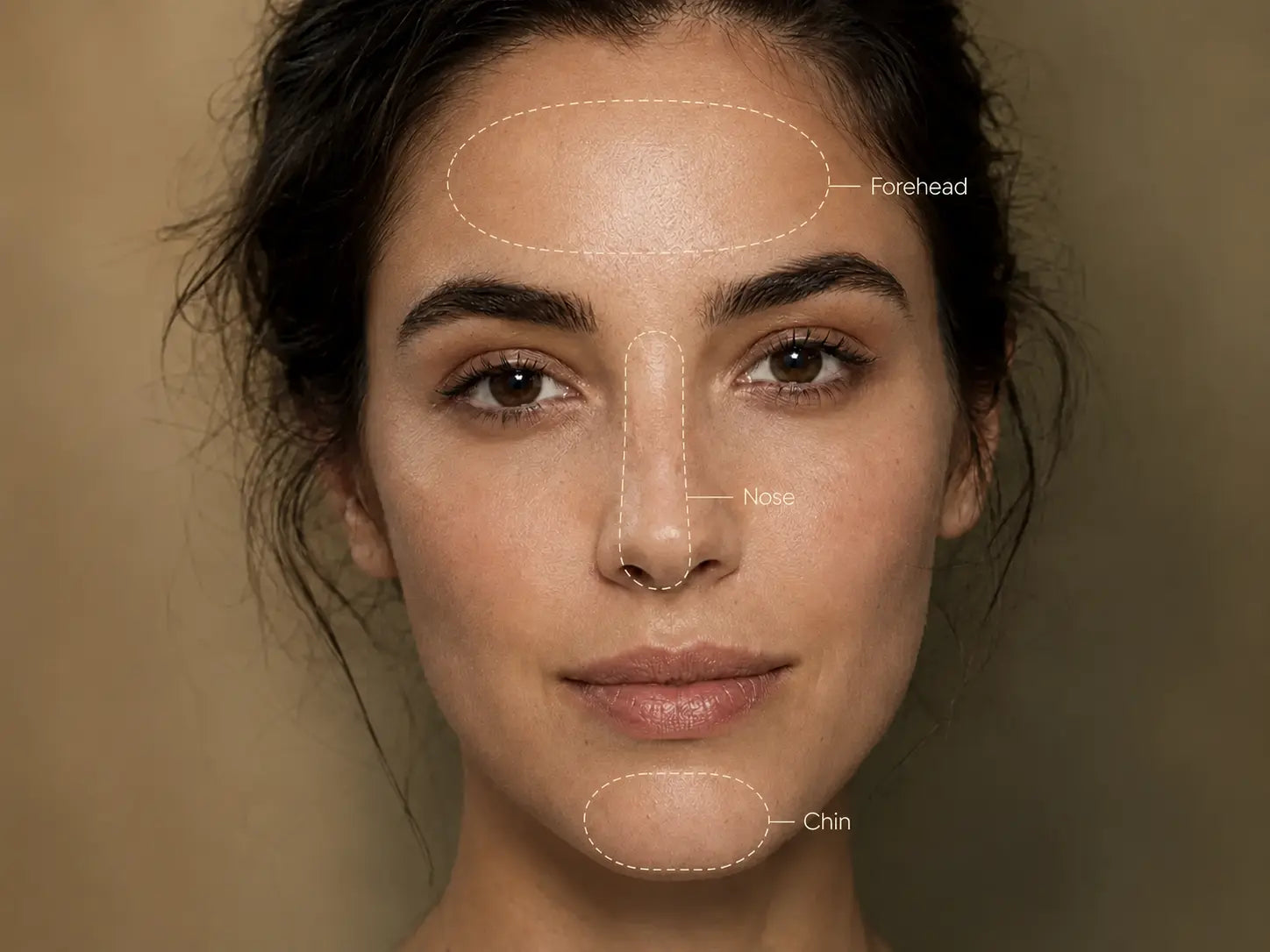Clean adult beauty portrait with close-set forehead, nose and chin T-zone labels