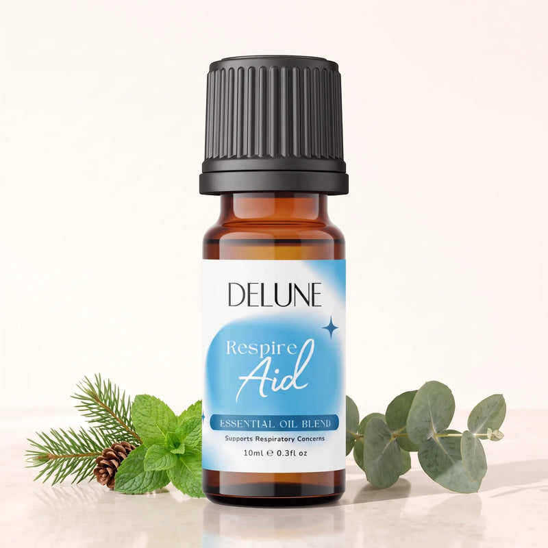 Blend de óleos essenciais Respire Aid Delune, frasco âmbar de 10 ml com eucalipto, menta e pinho frescos