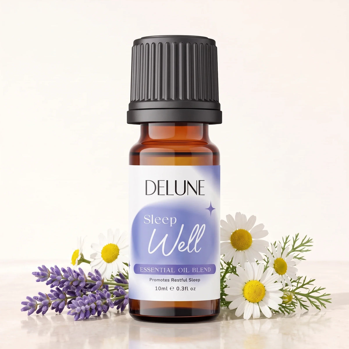 Blend de óleos essenciais Sleep Well Delune, frasco âmbar de 10 ml com lavanda e camomila frescas