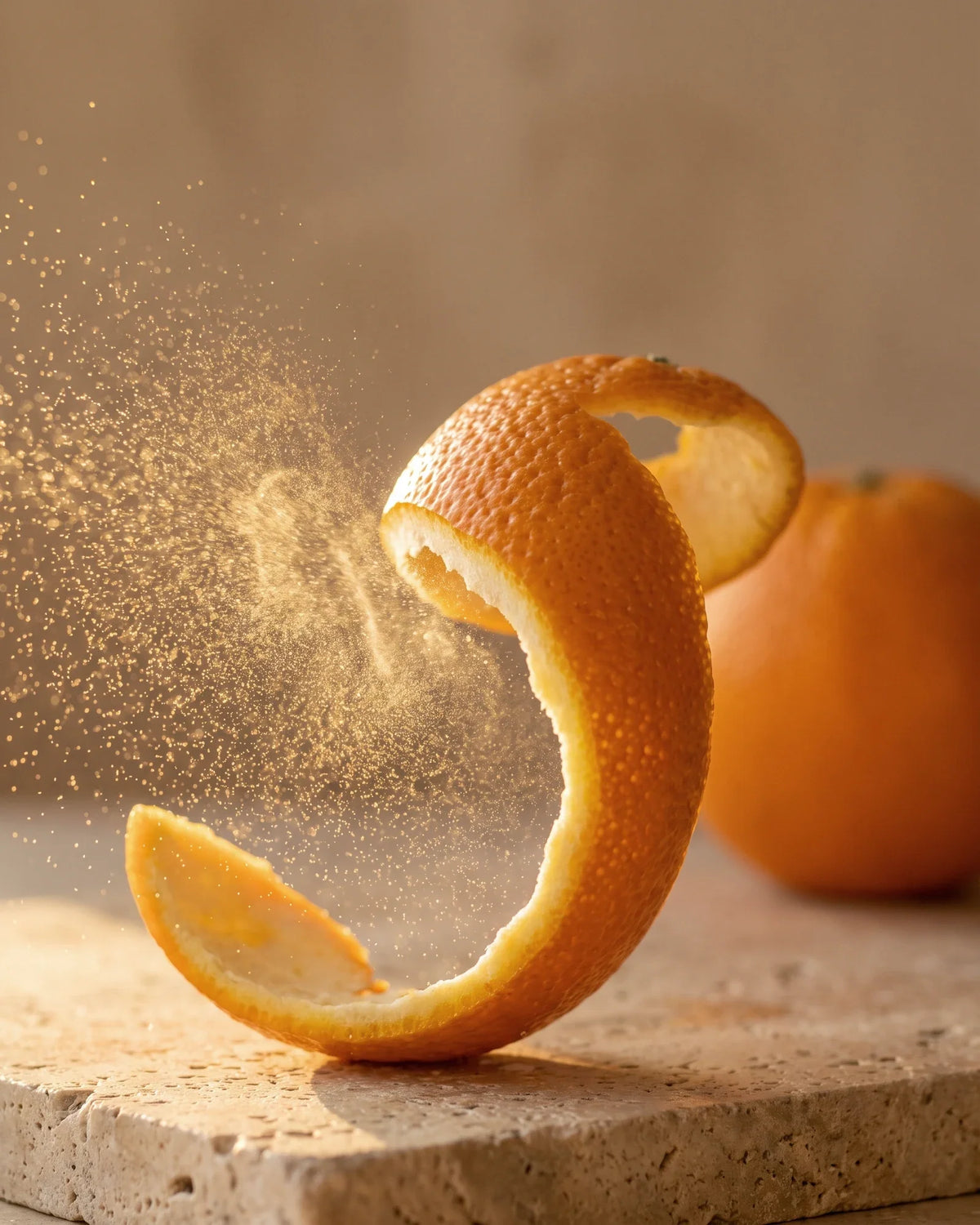 Uma casca de laranja fresca torcida, liberando uma névoa dourada à contraluz — o aroma doce e ensolarado do Óleo essencial puro de laranja-doce Delune