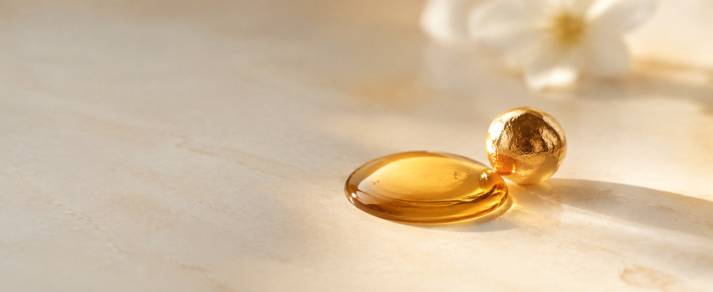 Editorial Floral Squalane golden oil and antioxidant-inspired still life