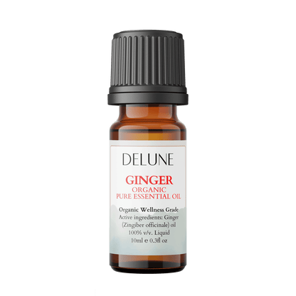 Bottle of Ginger Organic Wellness Grade Essential Oil, 100% Zingiber officinale, 10ml, promoting vitality and energy with spicy aroma.