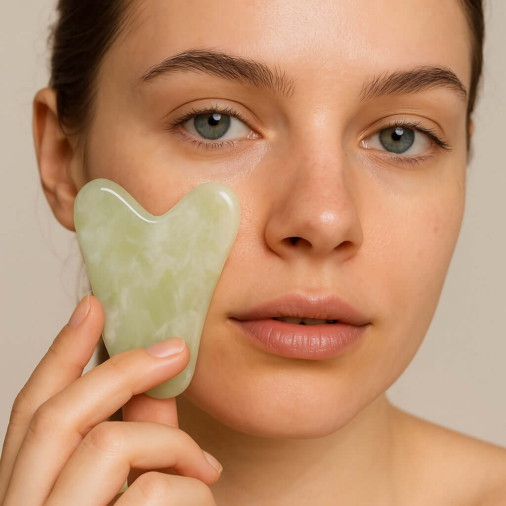 Woman using Jade Gua Sha facial tool for skincare, promoting circulation and lymphatic drainage with soothing jade stone benefits.