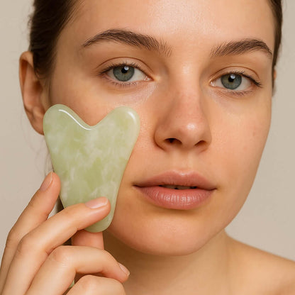 Woman using Jade Gua Sha facial tool for skincare, promoting circulation and lymphatic drainage with soothing jade stone benefits.
