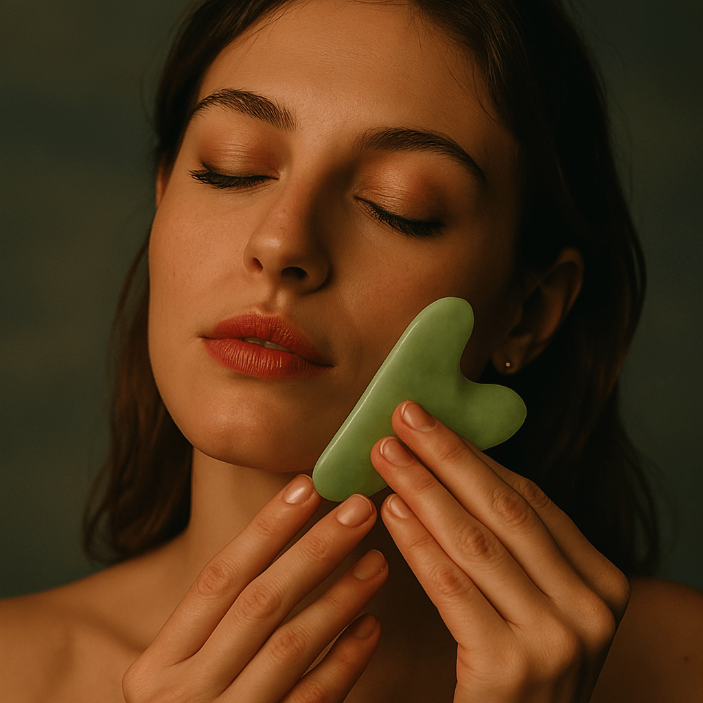 Woman using Jade Gua Sha tool for facial massage, promoting relaxation and skincare rejuvenation with traditional Chinese method.
