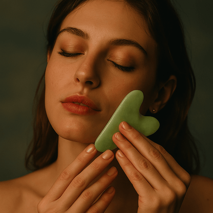 Woman using Jade Gua Sha tool for facial massage, promoting relaxation and skincare rejuvenation with traditional Chinese method.