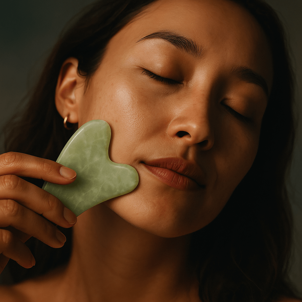 Woman using jade gua sha tool for facial massage, enhancing skincare routine with traditional Chinese method, promoting relaxation.