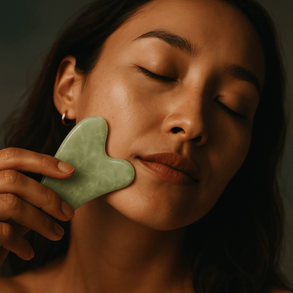 Woman using jade gua sha tool for facial massage, enhancing skincare routine with traditional Chinese method, promoting relaxation.