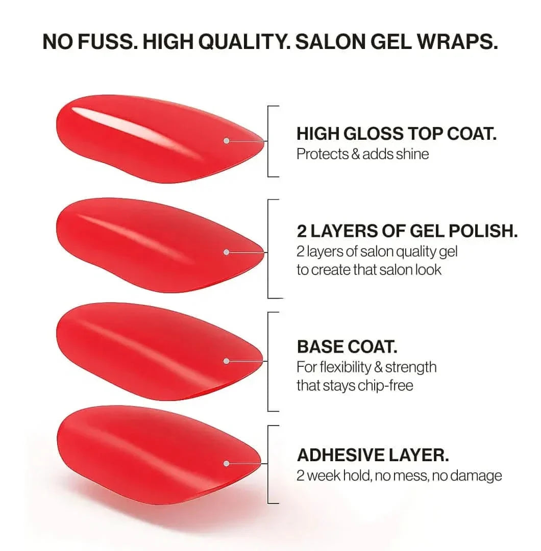 Tortoiseshell Noir (adesivos de unha sem UV): adesivo de gel de salão em quatro camadas: top coat de alto brilho, duas camadas de esmalte em gel, base e camada adesiva