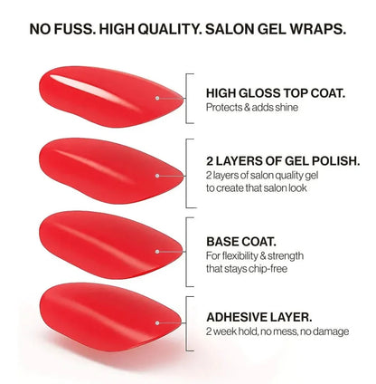 Tortoiseshell Noir (adesivos de unha sem UV): adesivo de gel de salão em quatro camadas: top coat de alto brilho, duas camadas de esmalte em gel, base e camada adesiva